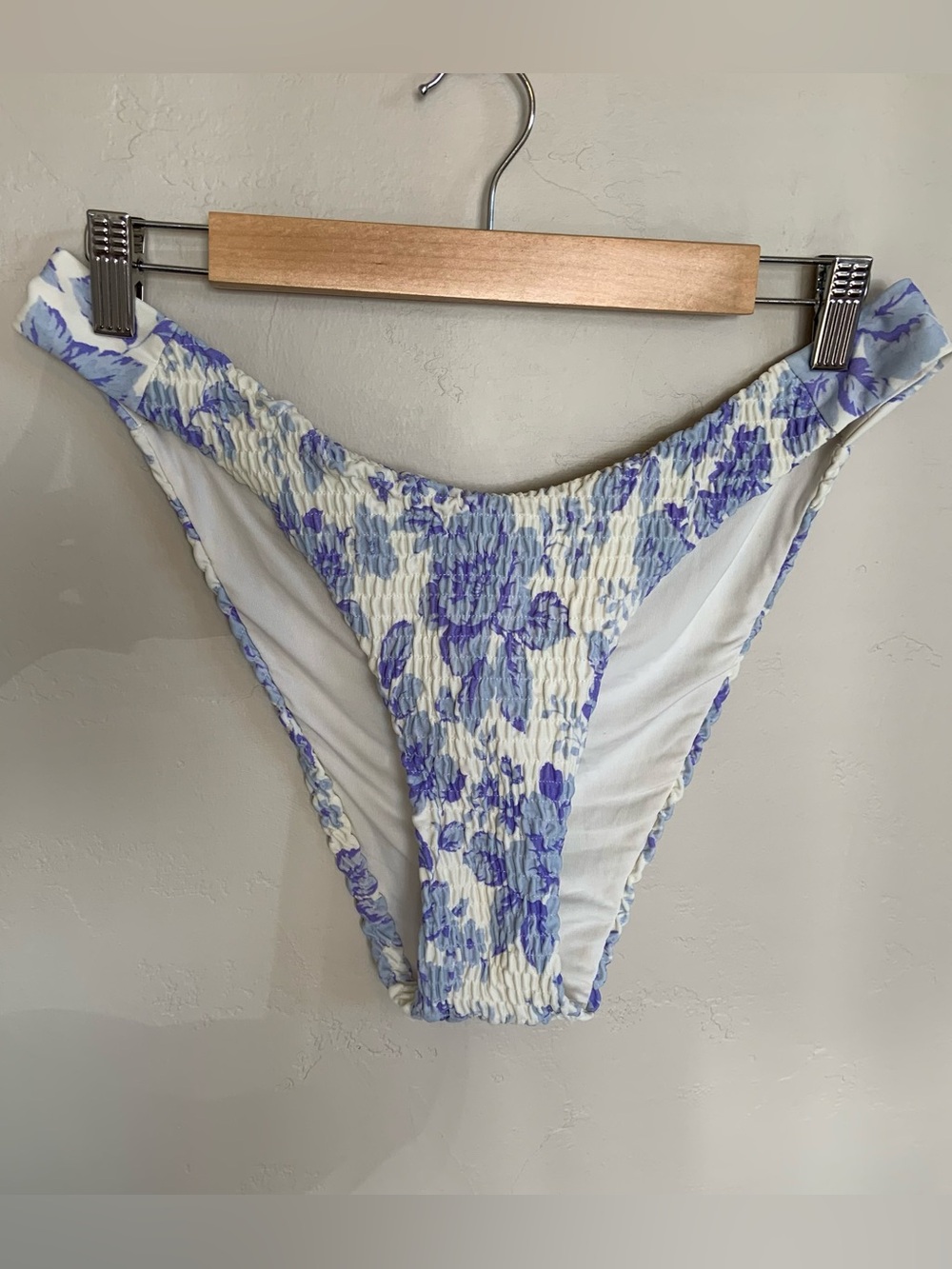 Aerie Smocked Large Blue and White Floral Super High Cut Cheeky Bikini Bottom
